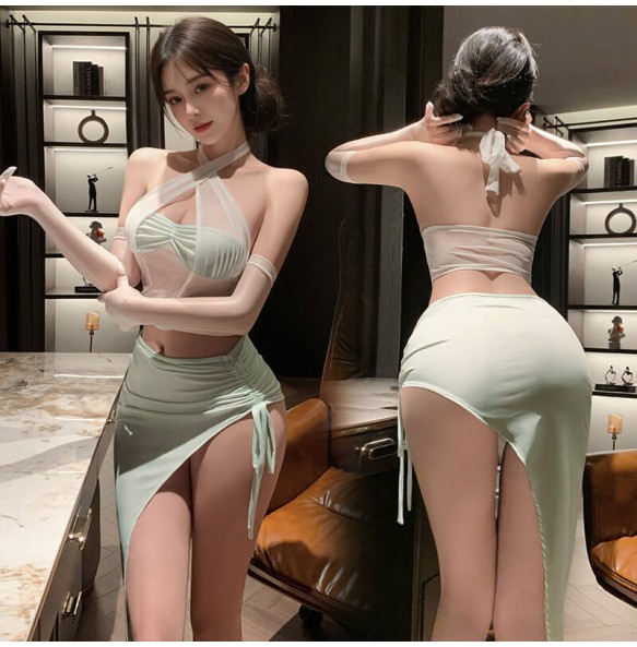 FEE ET MOI - Chic Drawstring Open-Back Hip-Baring Set (White - Green)